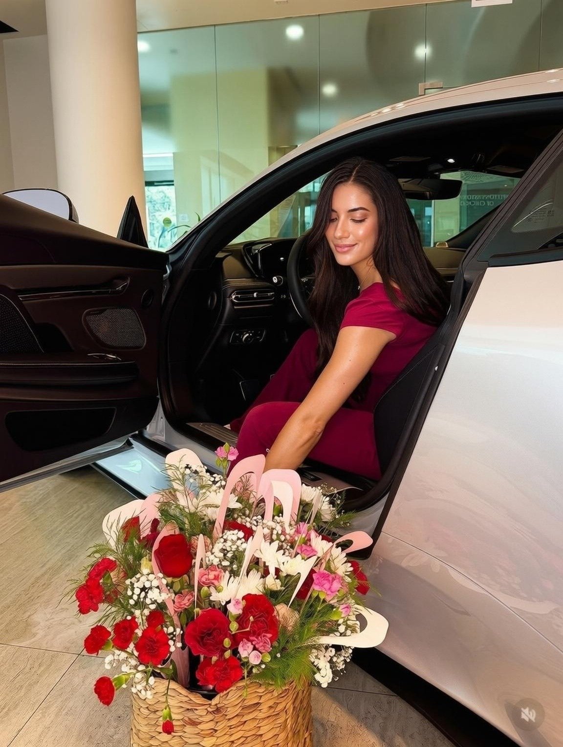 Guest in a magenta dress sits in a white luxury sports car, reaching for a large basket of red and pink flowers in a bright showroom.