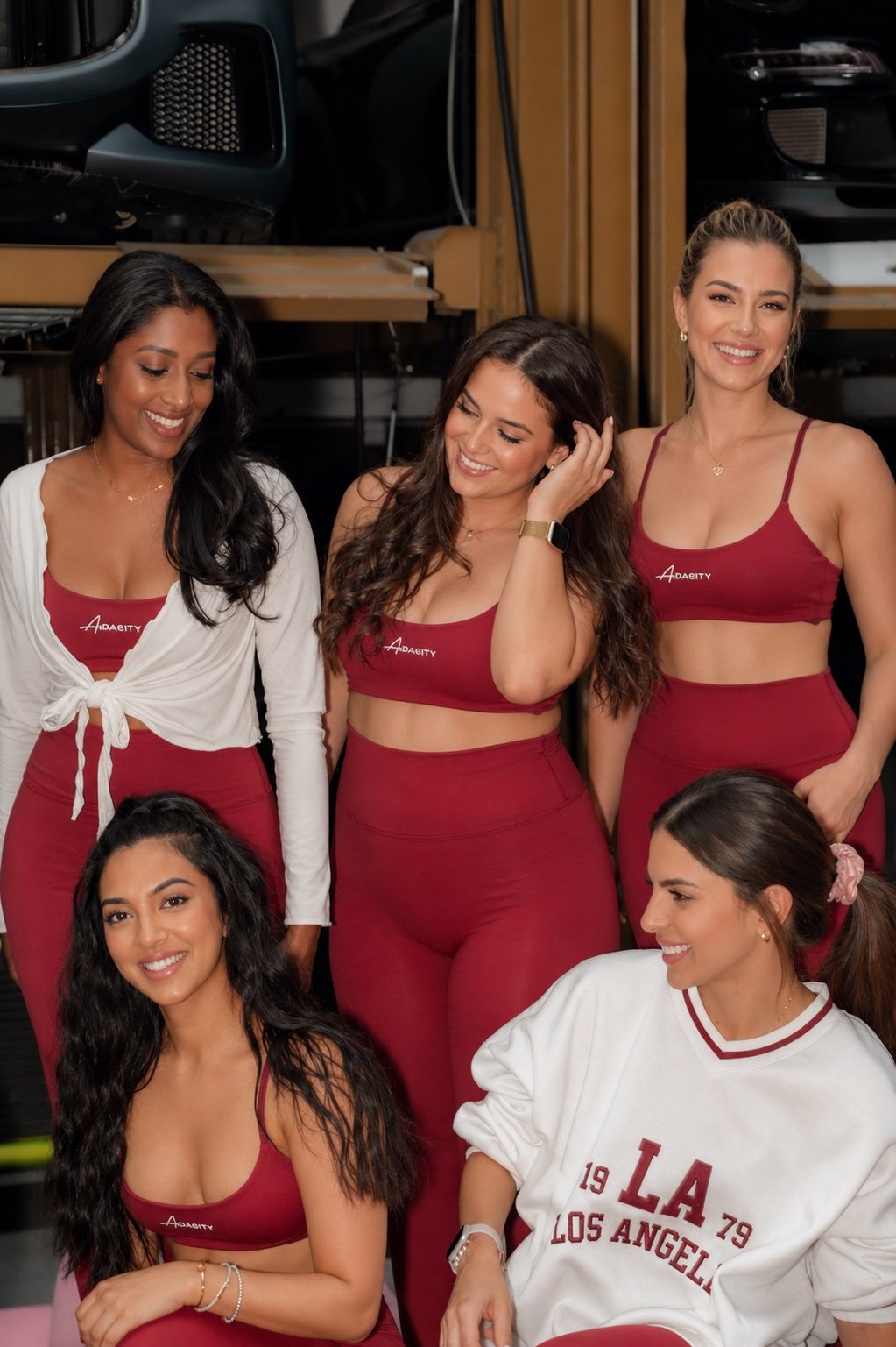 Five guests in maroon Audacity athletic wear pose together in a garage with a car grille visible behind them.